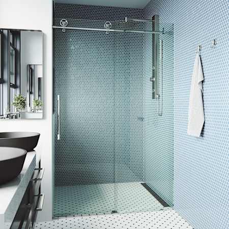 Vigo Elan Cass 76" High x 56" Wide Sliding Frameless Shower Door with Clear Glass Chrome