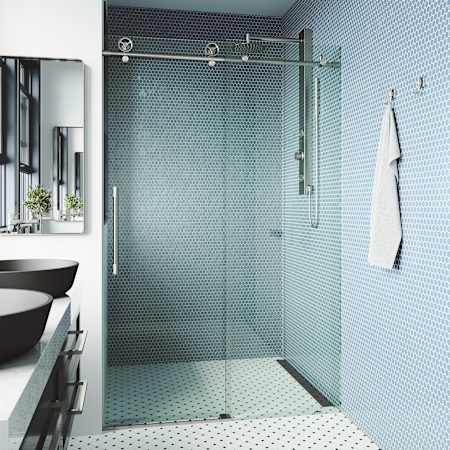 Vigo Elan Cass 76" High x 56" Wide Sliding Frameless Shower Door with Clear Glass Stainless Steel