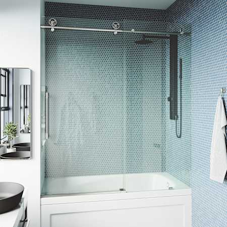 Vigo Elan Cass 66" High x 60" Wide Sliding Frameless Tub Door with Clear Glass Stainless Steel