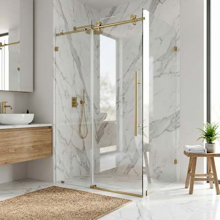 Vigo Elan E-Class 76" High x 46" Wide x 35" Deep Sliding Frameless Shower Enclosure with Clear Glass Matte Brushed Gold