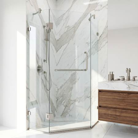 Vigo Piedmont 73" High x 34" Wide x 34" Deep Hinged Frameless Shower Enclosure with Clear Glass and 3 Piece Bathroom Hardware Set Brushed Nickel