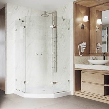 Vigo Gemini 77" High x 48" Wide x 48" Deep Hinged Frameless Shower Enclosure with Clear Glass Brushed Nickel