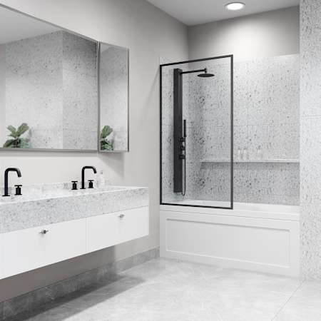 Vigo Meridian 34 in. W x 62 in. H Framed Fixed Tub Screen with 3/8 in. (10mm) Clear Glass and Satro 3-Piece Bath Hardware Set Matte Black