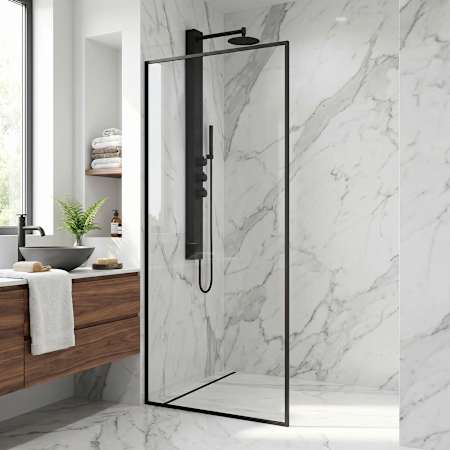 Vigo Meridian 34 in. W x 74 in. H Framed Fixed Shower Screen with 3/8 in. (10mm) Clear Glass and Elan 36 in. Linear Shower Drain Matte Black