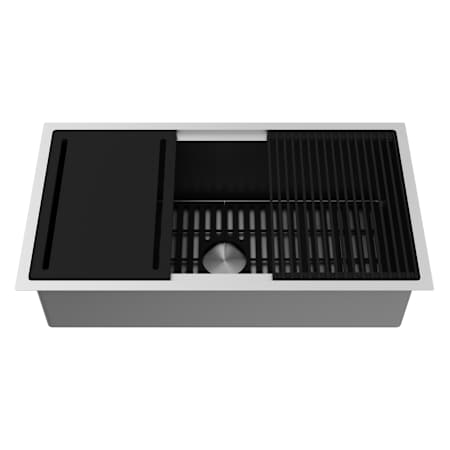 Vigo Mercer 36" Undermount Single Basin Stainless Steel Kitchen Sink with Basin Rack, Basket Strainer and Cutting Board Stainless Steel