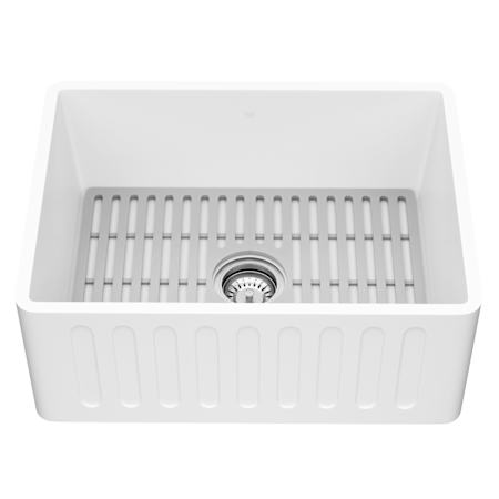 Vigo Matte Stone 24" Farmhouse Single Basin Solid Surface Kitchen Sink with Basket Strainer and Cutting Board Matte White