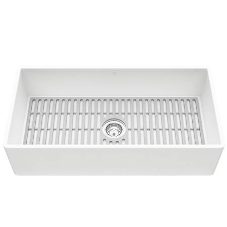 Vigo Matte Stone 36" Farmhouse Single Basin Acrylic Kitchen Sink with Basin Rack, Basket Strainer and Cutting Board Matte White