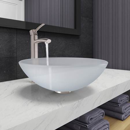 Vigo Giovanni 17" Circular Glass Vessel Bathroom Sink with 1.2 GPM 13" Deck Mounted Bathroom Faucet and Pop-Up Drain Assembly White Frost / Brushed Nickel
