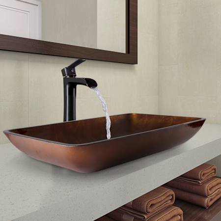 Vigo Donatello 23" Rectangular Glass Vessel Bathroom Sink with 1.2 GPM Waterfall 11" H Deck Mounted Bathroom Faucet and Pop-Up Drain Assembly Antique Rubbed Bronze