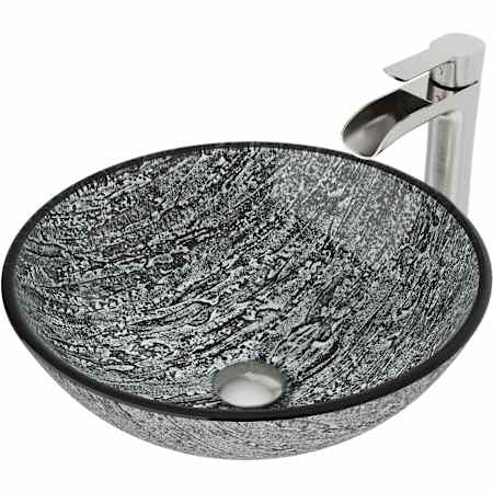 Vigo Giovanni 17" Circular Glass Vessel Bathroom Sink with 1.2 GPM Waterfall 11" H Deck Mounted Bathroom Faucet and Pop-Up Drain Assembly PVD Brushed Nickel