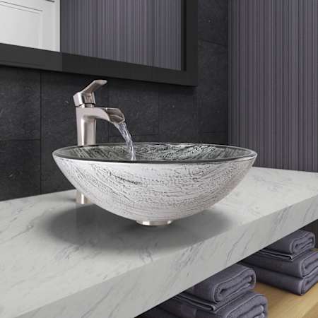 Vigo Giovanni 17" Circular Glass Vessel Bathroom Sink with 1.2 GPM Waterfall 11" H Deck Mounted Bathroom Faucet and Pop-Up Drain Assembly PVD Brushed Nickel