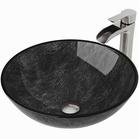 Vigo Giovanni 17" Circular Glass Vessel Bathroom Sink with 1.2 GPM Waterfall 11" H Deck Mounted Bathroom Faucet and Pop-Up Drain Assembly Gray Onyx / Brushed Nickel