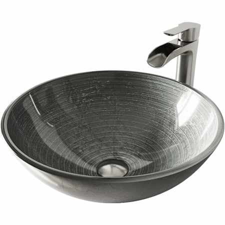 Vigo Giovanni 17" Circular Glass Vessel Bathroom Sink with 1.2 GPM Waterfall 11" H Deck Mounted Bathroom Faucet and Pop-Up Drain Assembly PVD Brushed Nickel