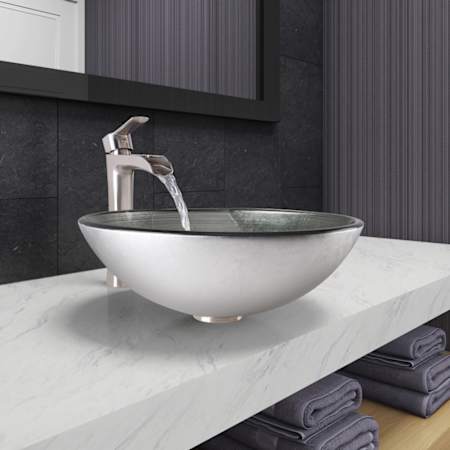 Vigo Giovanni 17" Circular Glass Vessel Bathroom Sink with 1.2 GPM Waterfall 11" H Deck Mounted Bathroom Faucet and Pop-Up Drain Assembly PVD Brushed Nickel