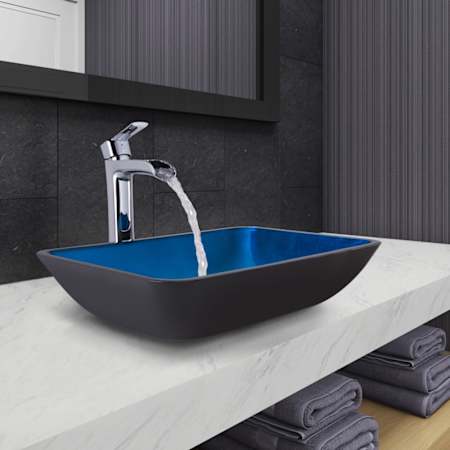 Vigo Donatello 18" Rectangular Glass Vessel Bathroom Sink with 1.2 GPM Waterfall 11" H Deck Mounted Bathroom Faucet and Pop-Up Drain Assembly Chrome