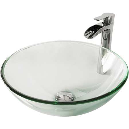 Vigo Giovanni 17" Circular Glass Vessel Bathroom Sink with 1.2 GPM Waterfall 11" H Deck Mounted Bathroom Faucet and Pop-Up Drain Assembly Crystalline / Chrome
