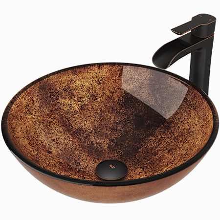 Vigo Giovanni 17" Circular Glass Vessel Bathroom Sink with 1.2 GPM Waterfall 11" H Deck Mounted Bathroom Faucet and Pop-Up Drain Assembly Russet / Antique Rubbed Bronze