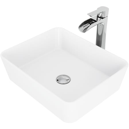 Vigo Marigold 18" Rectangular Stone Composite Vessel Bathroom Sink with 1.2 GPM Waterfall 11" H Deck Mounted Bathroom Faucet and Pop-Up Drain Assembly Chrome Drain
