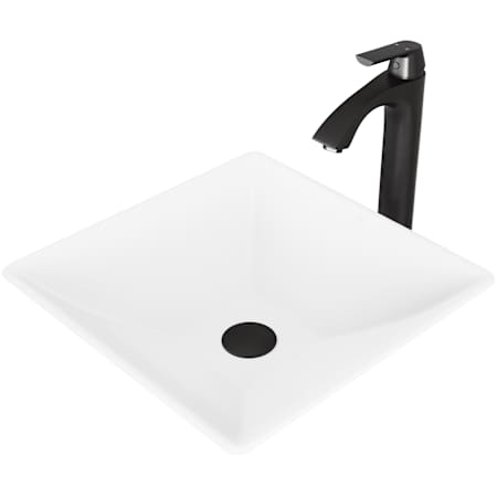 Vigo Hibiscus 16" Square Stone Composite Vessel Bathroom Sink with 1.2 GPM 11" Deck Mounted Bathroom Faucet and Pop-Up Drain Assembly Matte Black