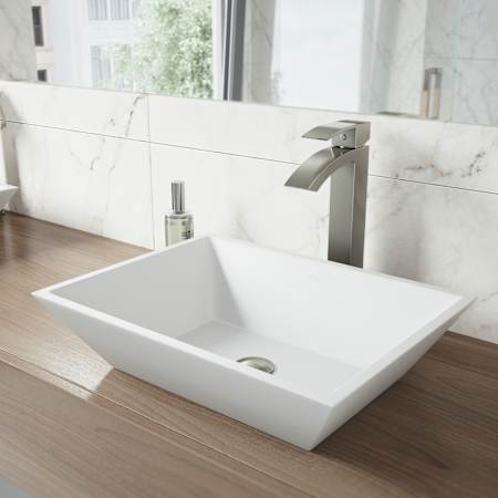Vigo Vinca 18" Rectangular Stone Composite Vessel Bathroom Sink with 1.2 GPM 12" Deck Mounted Bathroom Faucet and Pop-Up Drain Assembly PVD Brushed Nickel
