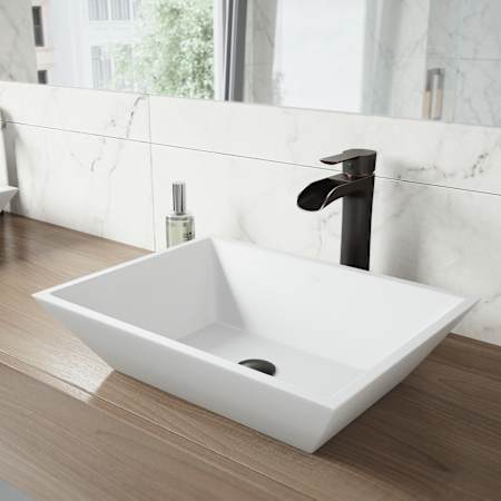 Vigo Vinca 18" Rectangular Stone Composite Vessel Bathroom Sink with 1.2 GPM Waterfall 11" H Deck Mounted Bathroom Faucet and Pop-Up Drain Assembly Antique Rubbed Bronze