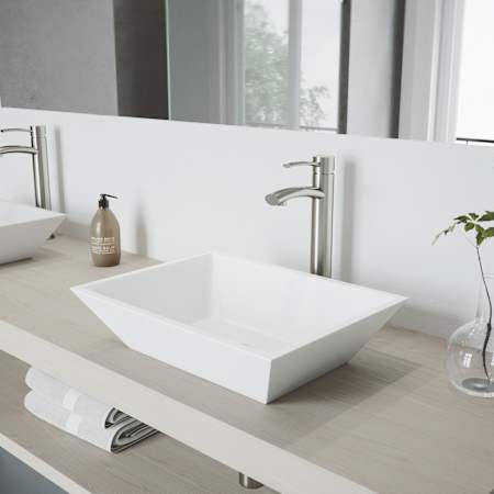 Vigo Vinca 18" Rectangular Stone Composite Vessel Bathroom Sink with 1.2 GPM 13" Deck Mounted Bathroom Faucet and Pop-Up Drain Assembly PVD Brushed Nickel