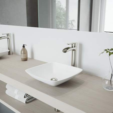 Vigo Hyacinth 14" Square Stone Composite Vessel Bathroom Sink with 1.2 GPM Waterfall 11" H Deck Mounted Bathroom Faucet and Pop-Up Drain Assembly PVD Brushed Nickel