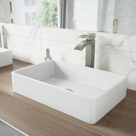 Vigo Magnolia 21" Rectangular Stone Composite Vessel Bathroom Sink with 1.2 GPM 12" Deck Mounted Bathroom Faucet and Pop-Up Drain Assembly PVD Brushed Nickel