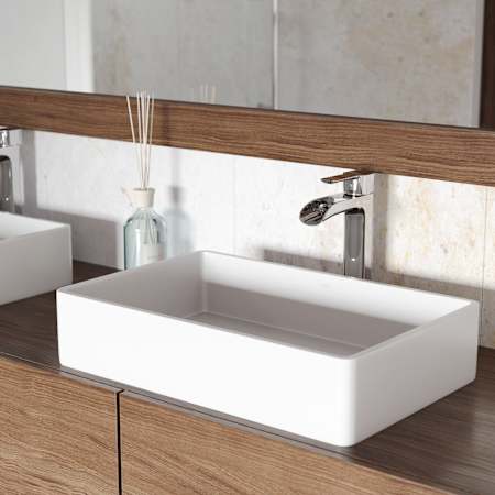 Vigo Magnolia 21" Rectangular Stone Composite Vessel Bathroom Sink with 1.2 GPM Waterfall 11" H Deck Mounted Bathroom Faucet and Pop-Up Drain Assembly Chrome