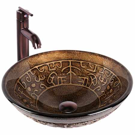 Vigo Seville 17" Circular Glass Vessel Bathroom Sink with 1.2 GPM 13" Deck Mounted Bathroom Faucet and Pop-Up Drain Assembly Oil Rubbed Bronze