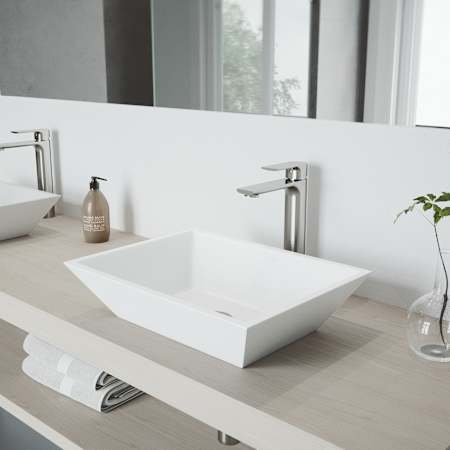 Vigo Vinca 18" Rectangular Stone Composite Vessel Bathroom Sink with 1.2 GPM 11" Deck Mounted Bathroom Faucet and Pop-Up Drain Assembly Brushed Nickel