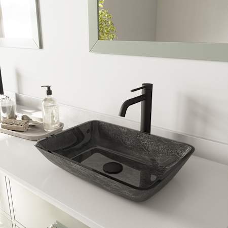 Vigo Donatello 18" Rectangular Glass Vessel Bathroom Sink with 1.2 GPM 11" Deck Mounted Bathroom Faucet and Pop-Up Drain Assembly Matte Black