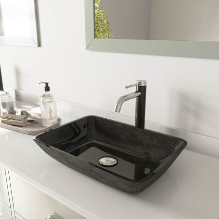 Vigo Donatello 18" Rectangular Glass Vessel Bathroom Sink with 1.2 GPM 11" Deck Mounted Bathroom Faucet and Pop-Up Drain Assembly Brushed Nickel