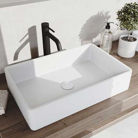 Vigo Magnolia 21" Rectangular Stone Composite Vessel Bathroom Sink with 1.2 GPM 11" Deck Mounted Bathroom Faucet and Pop-Up Drain Assembly Matte Black
