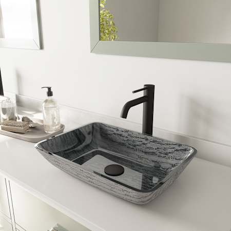Vigo Donatello 18" Rectangular Glass Vessel Bathroom Sink with 1.2 GPM 11" Deck Mounted Bathroom Faucet and Pop-Up Drain Assembly Matte Black