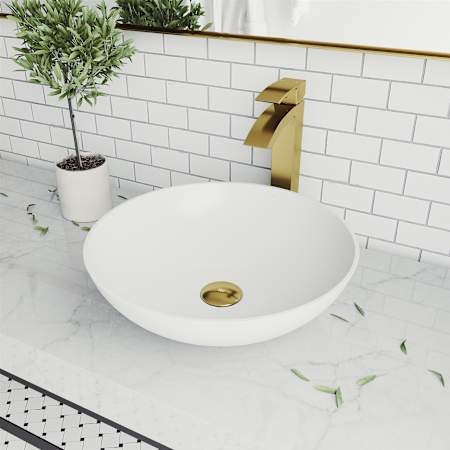 Vigo Lotus 16" Circular Stone Composite Vessel Bathroom Sink with 1.2 GPM 12" Deck Mounted Bathroom Faucet and Pop-Up Drain Assembly Matte Gold