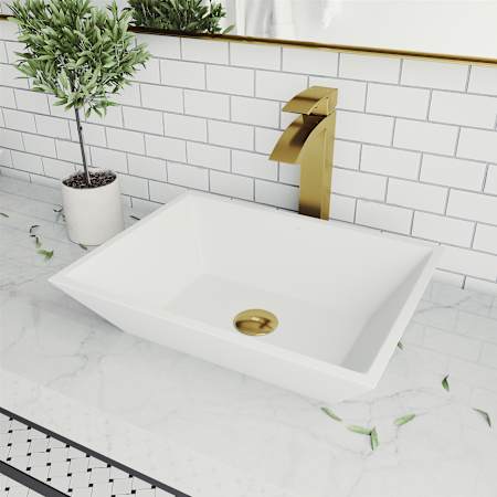 Vigo Vinca 18" Rectangular Stone Composite Vessel Bathroom Sink with 1.2 GPM 12" Deck Mounted Bathroom Faucet and Pop-Up Drain Assembly Matte Gold