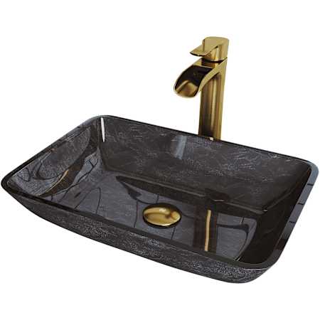 Vigo Donatello 18" Rectangular Glass Vessel Bathroom Sink with 1.2 GPM Waterfall 11" H Deck Mounted Bathroom Faucet and Pop-Up Drain Assembly Matte Gold