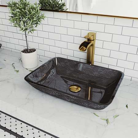 Vigo Donatello 18" Rectangular Glass Vessel Bathroom Sink with 1.2 GPM Waterfall 11" H Deck Mounted Bathroom Faucet and Pop-Up Drain Assembly Matte Gold