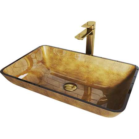 Vigo Donatello 22" Rectangular Glass Vessel Bathroom Sink with 1.2 GPM 11" Deck Mounted Bathroom Faucet and Pop-Up Drain Assembly Matte Gold