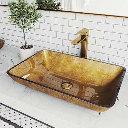 Vigo Donatello 22" Rectangular Glass Vessel Bathroom Sink with 1.2 GPM 11" Deck Mounted Bathroom Faucet and Pop-Up Drain Assembly Matte Gold