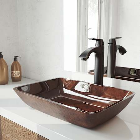 Vigo Donatello 18" Rectangular Glass Vessel Bathroom Sink with 1.2 GPM 11" Deck Mounted Bathroom Faucet and Pop-Up Drain Assembly Red and Brown Fusion
