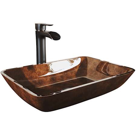 Vigo Donatello 18" Rectangular Glass Vessel Bathroom Sink with 1.2 GPM Waterfall 11" H Deck Mounted Bathroom Faucet and Pop-Up Drain Assembly Russet