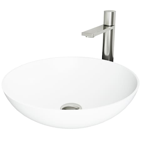 Vigo Lotus 16" Circular Stone Composite Vessel Bathroom Sink with 1.2 GPM 11" Deck Mounted Bathroom Faucet and Pop-Up Drain Assembly Matte White