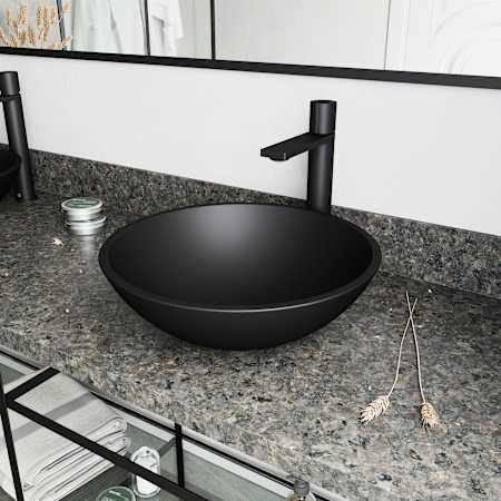 Vigo Cavalli 15" Circular Glass Vessel Bathroom Sink with 1.2 GPM 12" Deck Mounted Bathroom Faucet and Pop-Up Drain Assembly Matte Black