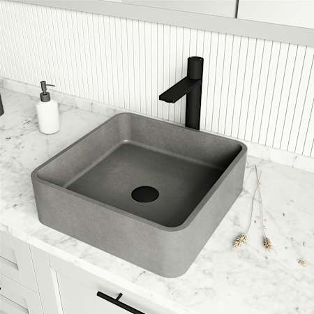 Vigo Navona Gothic 15" L x 15" W x 12" H Square Concrete Vessel Bathroom Sink with Single Faucet Hole Matte Black