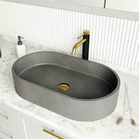 Vigo Sagrada Gothic 24" L x 14" W x 10" H Oval Concrete Vessel Bathroom Sink with Single Faucet Hole Matte Brushed Gold