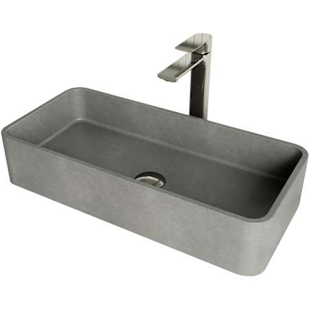 Vigo Palazzo Gothic 24" Rectangular Concrete Vessel Bathroom Sink with 1.2 GPM 11" Deck Mounted Bathroom Faucet and Pop-Up Drain Assembly Brushed Nickel