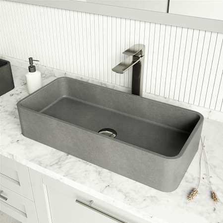 Vigo Palazzo Gothic 24" Rectangular Concrete Vessel Bathroom Sink with 1.2 GPM 11" Deck Mounted Bathroom Faucet and Pop-Up Drain Assembly Brushed Nickel