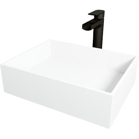 Vigo Montauk 17" Rectangular Stone Composite Vessel Bathroom Sink with 1.2 GPM Waterfall 11" H Deck Mounted Bathroom Faucet and Pop-Up Drain Assembly Matte Black